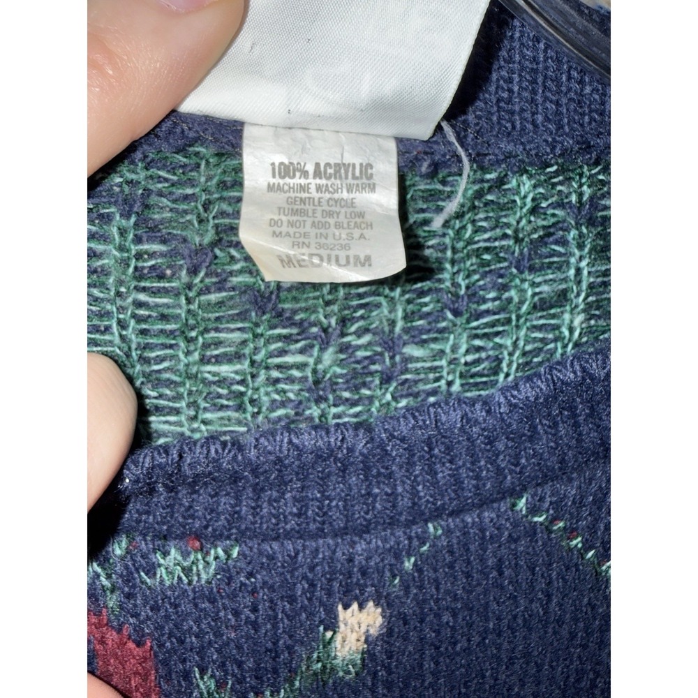 Basic Editions Navy Green Floral Knit Sweater Scalloped Crewneck Medum - Picture 3 of 7